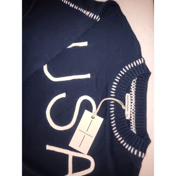 Anthropologie Moon & Madison Blue Oversized Cropped USA Knit Sweater Sz XS - Picture 2 of 6